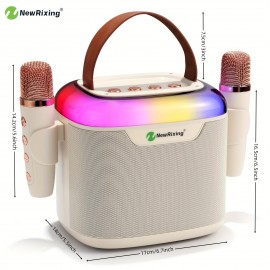 NewRixing Wireless Karaoke Machine with 2 Microphones, Portable Speaker with Bass Boost, USB Type-C Charging, Shock-Resistant, Stereo Audio, Button Control, for Smartphones/Tablets, Non-Waterproof, Ideal for Family Outdoor Parties, Birthday/Halloween/Christmas Gift, 2400mAh Lithium Battery, 1-5W Output