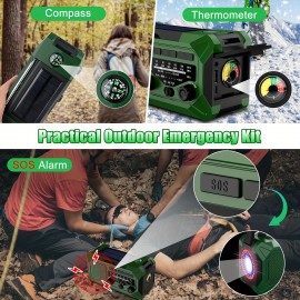 36800mwh 1 pack Emergency Radios for Families with AM/FM, 3-Way Charging (Hand Crank/Solar/USB), Kid-Friendly SOS Alarm, Flashlight, Reading Light, Thermometer, Compass & 10000mAh Power Bank - Peace of Mind for Every Home