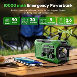36800mwh 1 pack Emergency Radios for Families with AM/FM, 3-Way Charging (Hand Crank/Solar/USB), Kid-Friendly SOS Alarm, Flashlight, Reading Light, Thermometer, Compass & 10000mAh Power Bank - Peace of Mind for Every Home