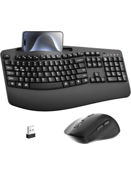 Wireless Keyboard and Mouse Combo 2 4G Full Size Wave Keys Ergonomic Keyboard with Wrist Rest Phone Holder 3 Level DPI Wireless Silent Mouse with 6 Buttons for Windows Mac OS Laptop PC Black