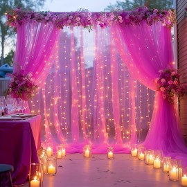 2pcs Champagne Tulle Backdrop Decor - 5.2x10ft, Sheer, with Lights String for Parties, Wedding, Birthday, Photo Shoots