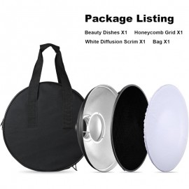 16 inch 42cm Standard Reflector Beauty Dish with Honeycomb Grid Diffuser Sock and Bag for Bowens Mount Studio Strobe Flash Light Like Neewer VC 400HS VE 300 Godox AD200 AD180 AD360 Silver