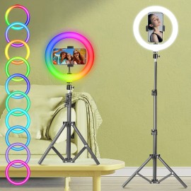 10 Inch Selfie Ring Light with 43 Inch Adjustable Tripod Stand & Phone Holder - Dimmable LED Ring Light with RGB Color Adjustable Light Levels, Portable -Powered Circular Flashlight for Vlogging, Streaming, -Powered