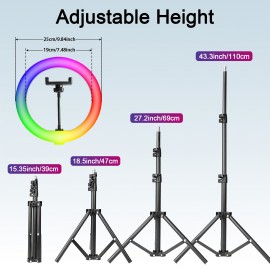 10 Inch Selfie Ring Light with 43 Inch Adjustable Tripod Stand & Phone Holder - Dimmable LED Ring Light with RGB Color Adjustable Light Levels, Portable -Powered Circular Flashlight for Vlogging, Streaming, -Powered