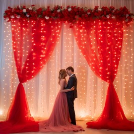 2pcs Champagne Tulle Backdrop Decor - 5.2x10ft, Sheer, with Lights String for Parties, Wedding, Birthday, Photo Shoots