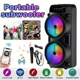 Portable Outdoor Wireless Speaker with Colorful Lighting Effects, Heavy Bass, 1200mAh Battery, Type-C Charging, USB/FM/TF Card/AUX/MIC Support, Knob + Button Control, Ideal for Outdoor Square Dancing, Camping Karaoke, Indoor Dance, Family Gatherings